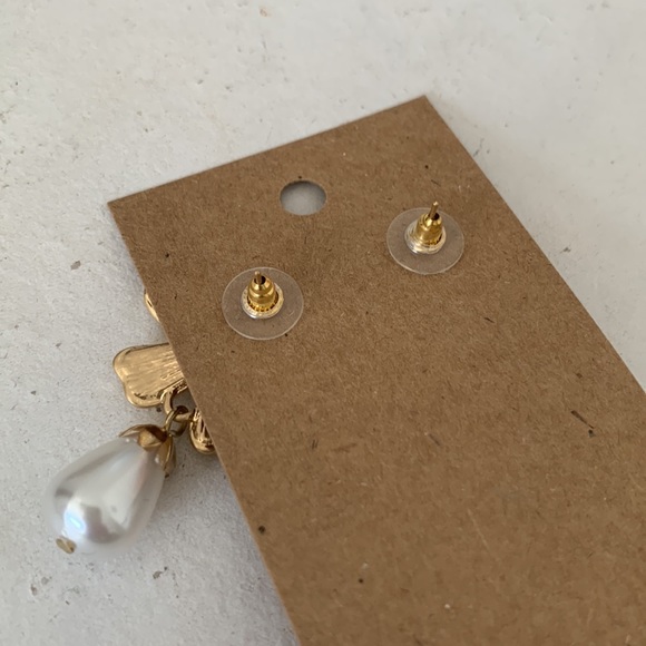 Gold Flower Pearl Drop Earrings - Picture 3 of 4